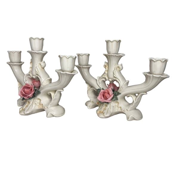 Vintage 30s Karl Ens Porcelain Rose 3 Arm Pair Candlesticks Candelabra Regency - Picture 1 of 15